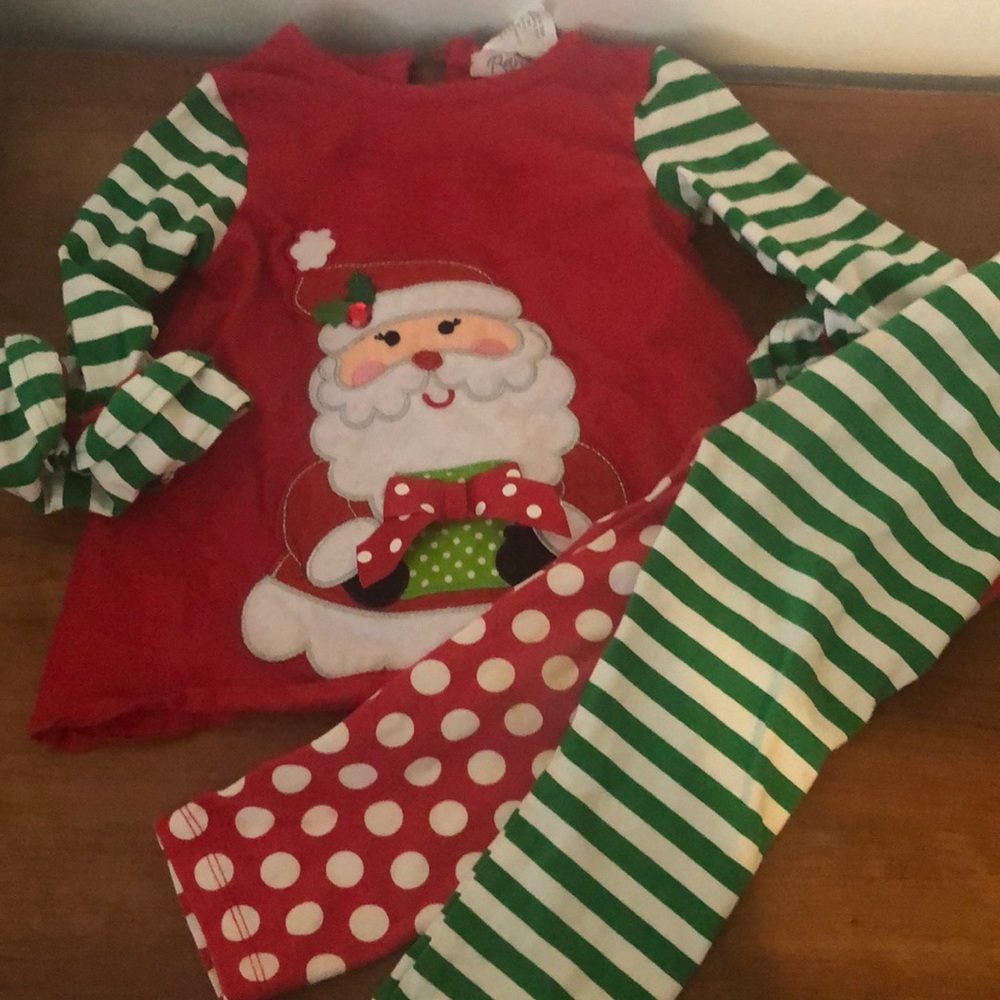 Kids Red Santa Applique Long Sleeve Tee with Green Striped Sleeves